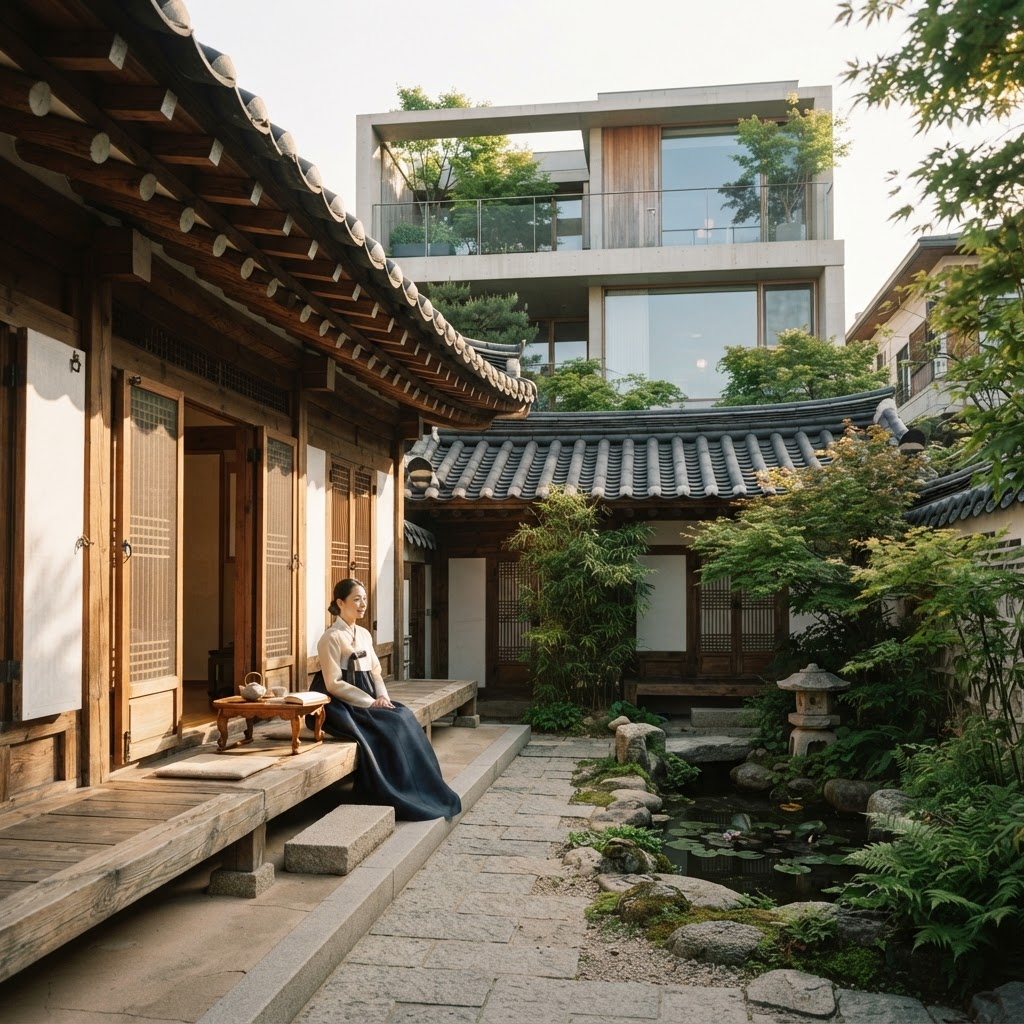 A serene hanok courtyard framed by modern Korean architecture