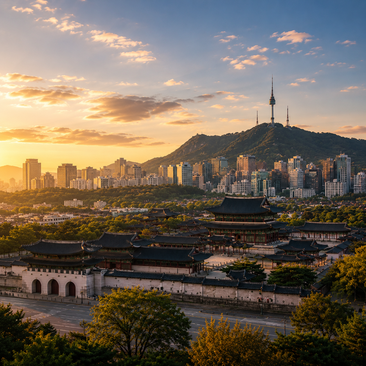 Golden-hour view of Gyeongbokgung Palace with the Seoul skyline and N Seoul Tower behind it
