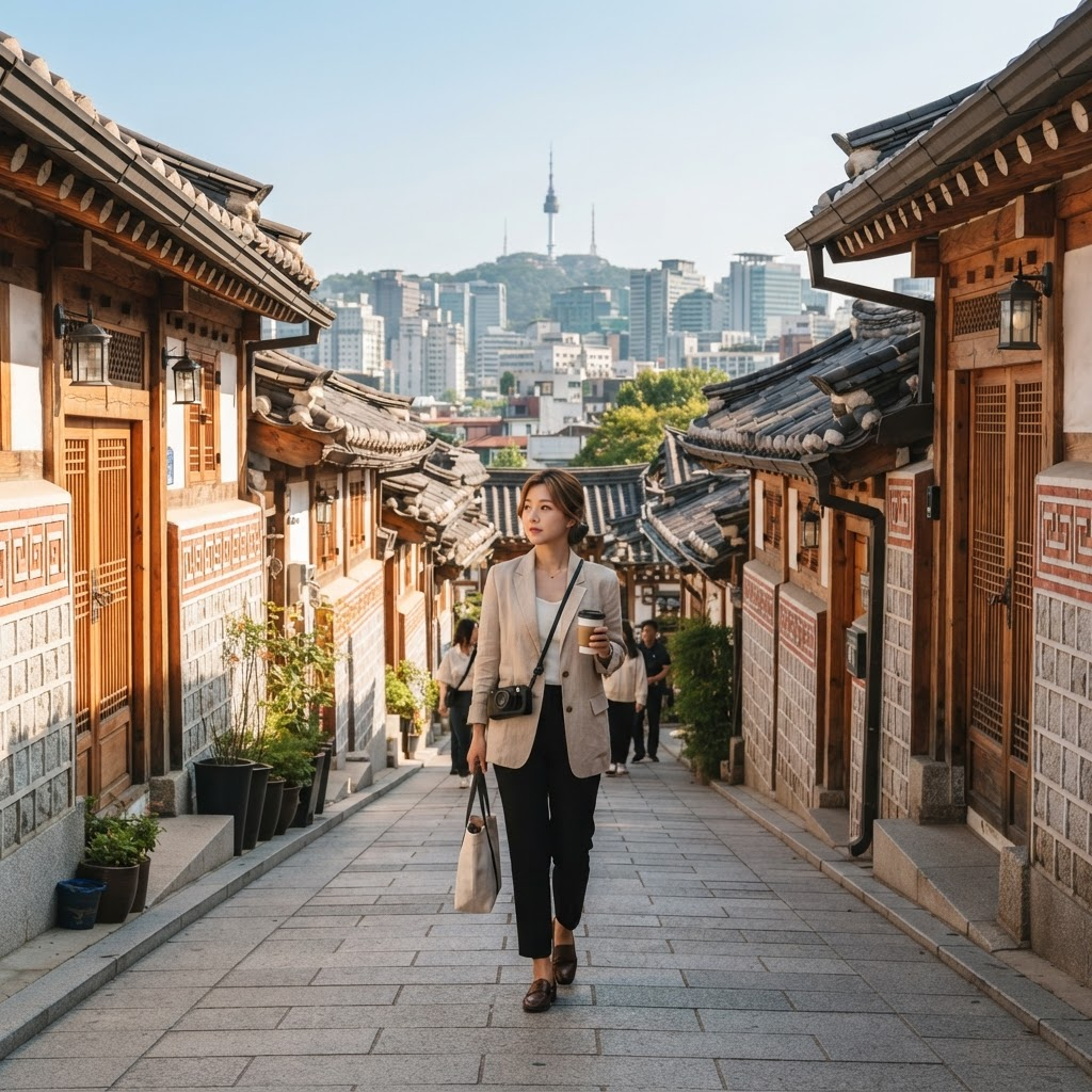 Travelers exploring a scenic Korean destination